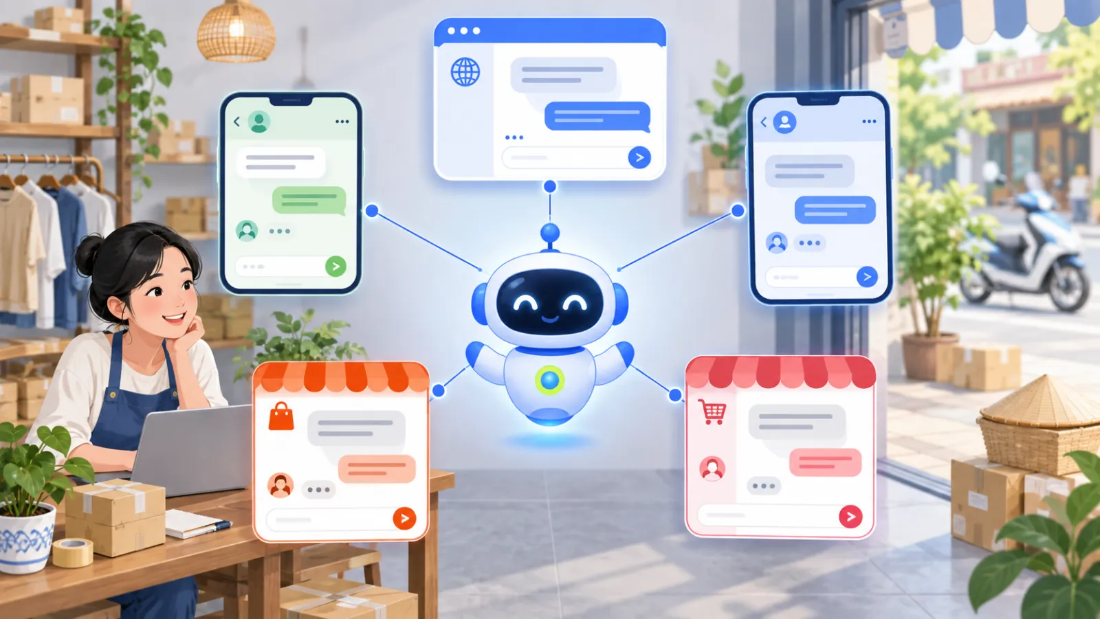One AI assistant connected at once to a website chat widget, messaging apps and marketplace shop chats