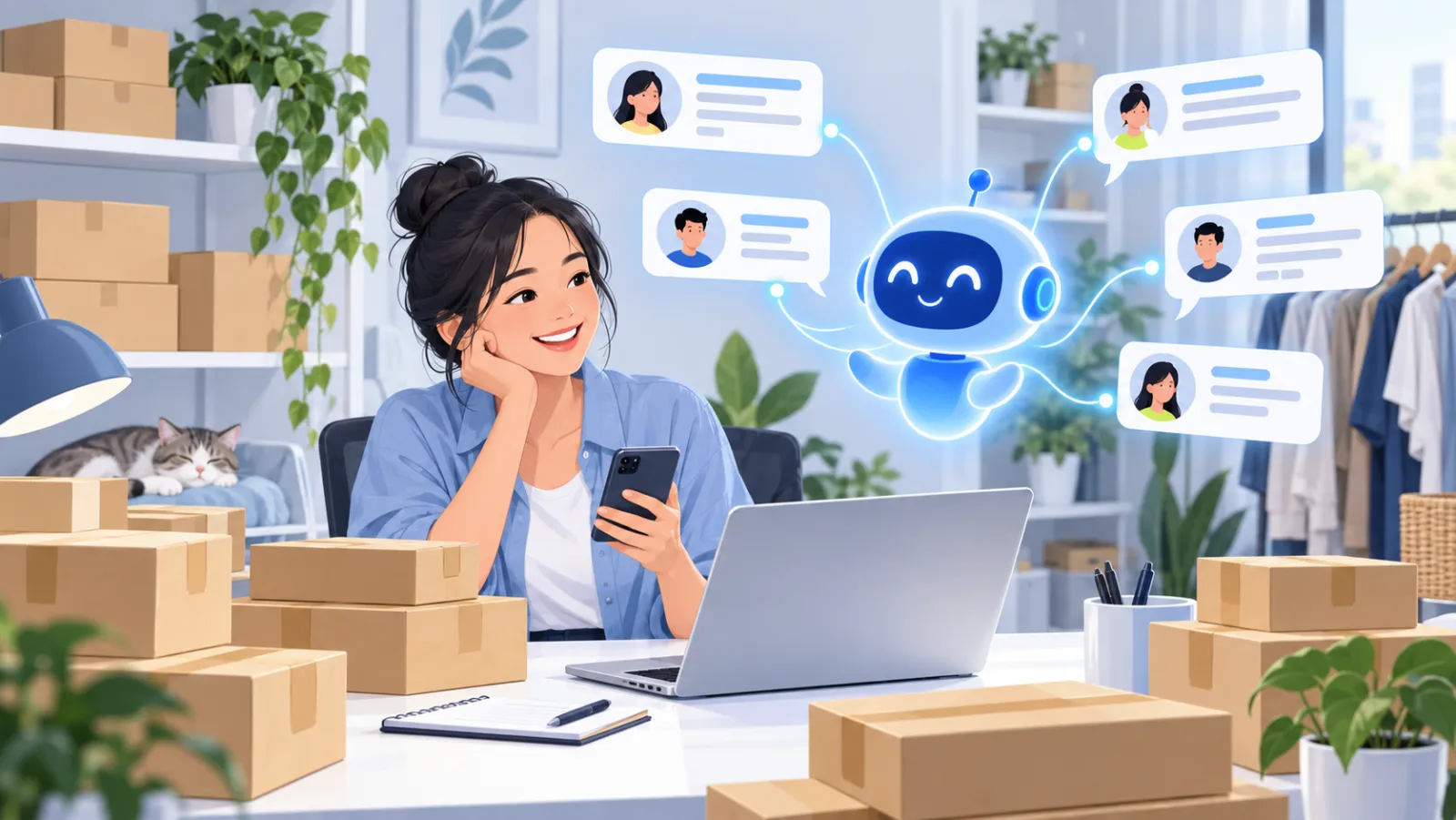 Chủ shop online dùng chatbot AI trả lời nhiều khách hàng cùng lúc trên điện thoại