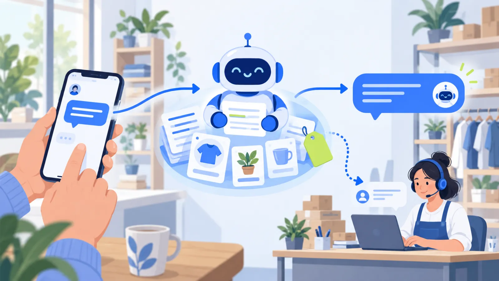 Diagram of an AI chatbot receiving a message, looking up store data, and replying or handing off to staff