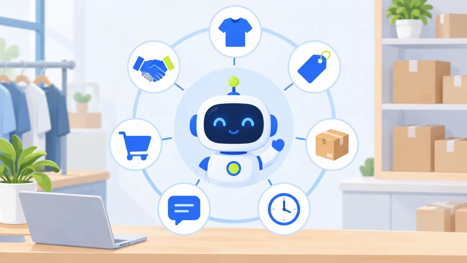 Bảy biểu tượng quanh chatbot: sản phẩm, giá, hộp hàng, đồng hồ, tin nhắn, giỏ hàng, bắt tay