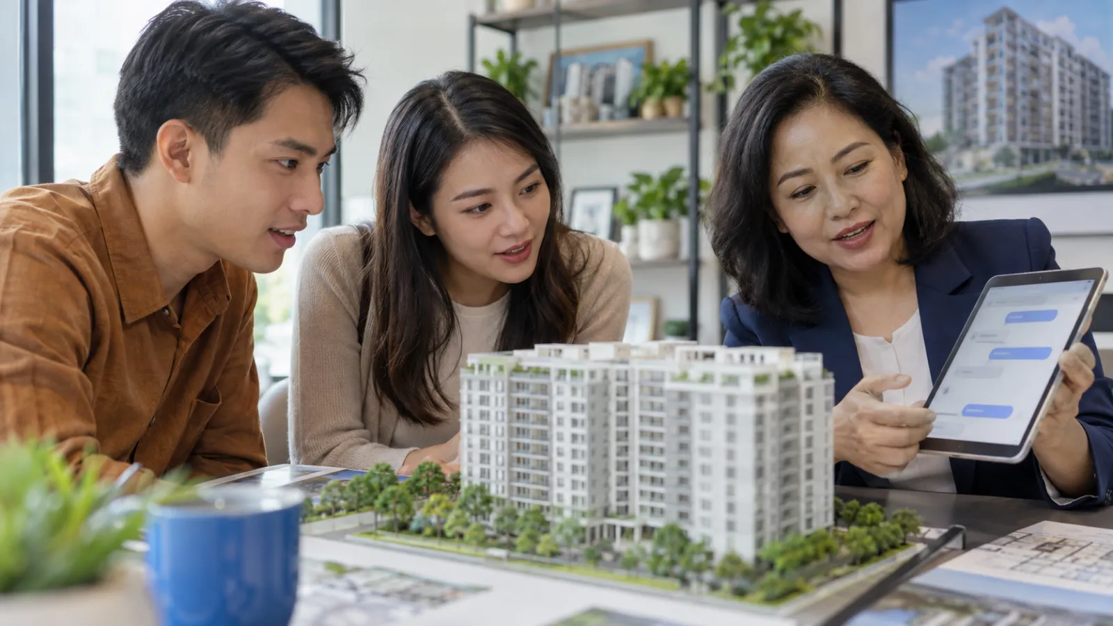 A couple looking at an apartment model while an agent holds a tablet with a buyer chat