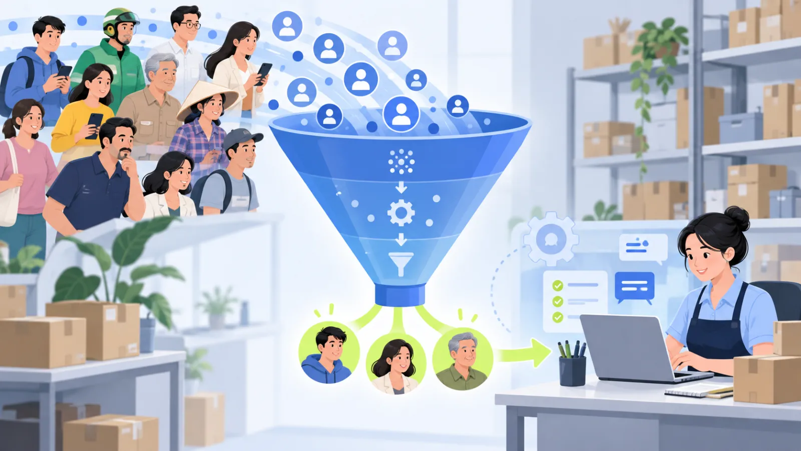 A funnel filtering many enquiries into a few qualified leads for an agent