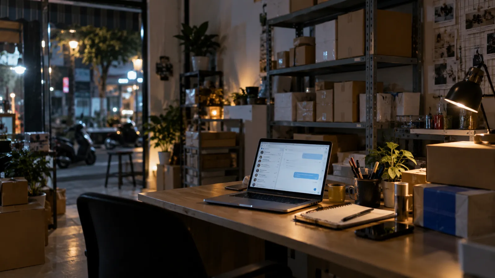 An empty care desk at night with a laptop still answering customer chats