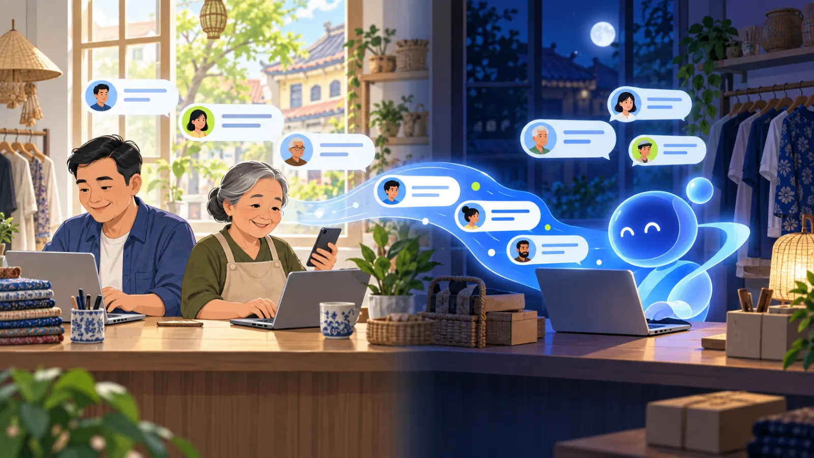 Staff answering by day and an AI assistant answering the same queue by night