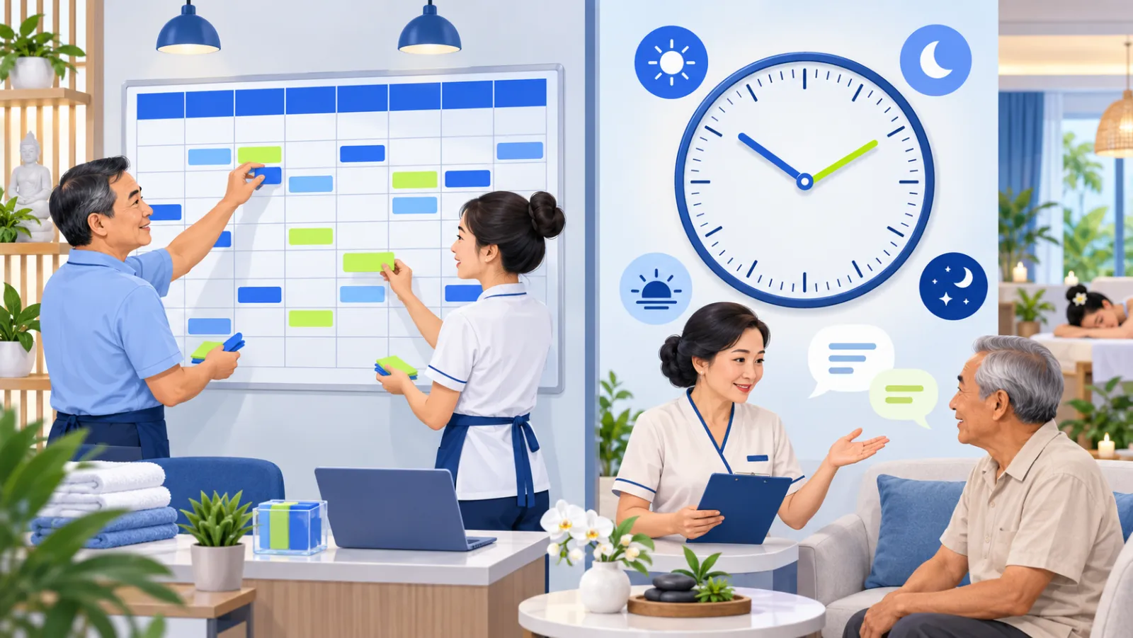 Lịch ca của nhân viên bên cạnh đồng hồ 24 giờ