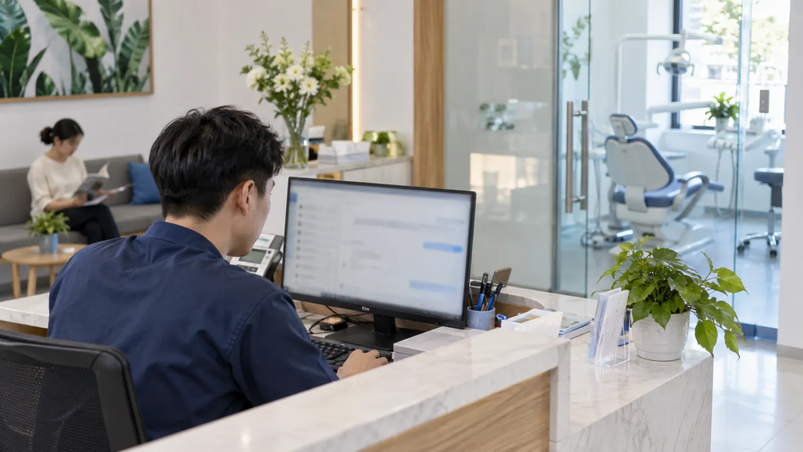 A dental clinic receptionist checking an appointment chat on the front-desk screen