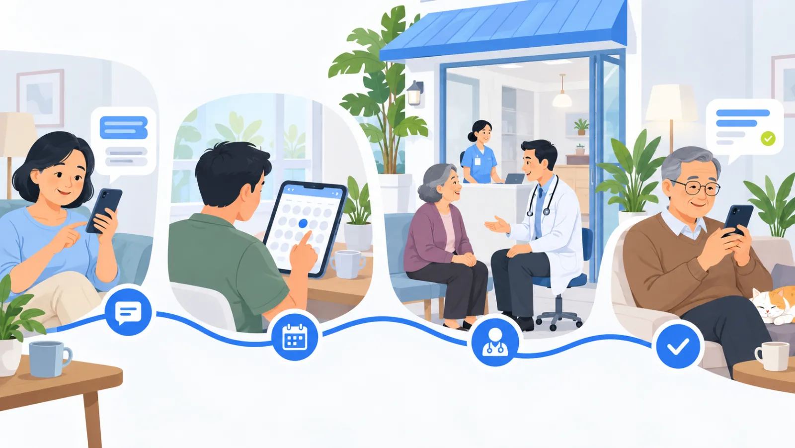 A patient journey: question, booking, visit, aftercare message