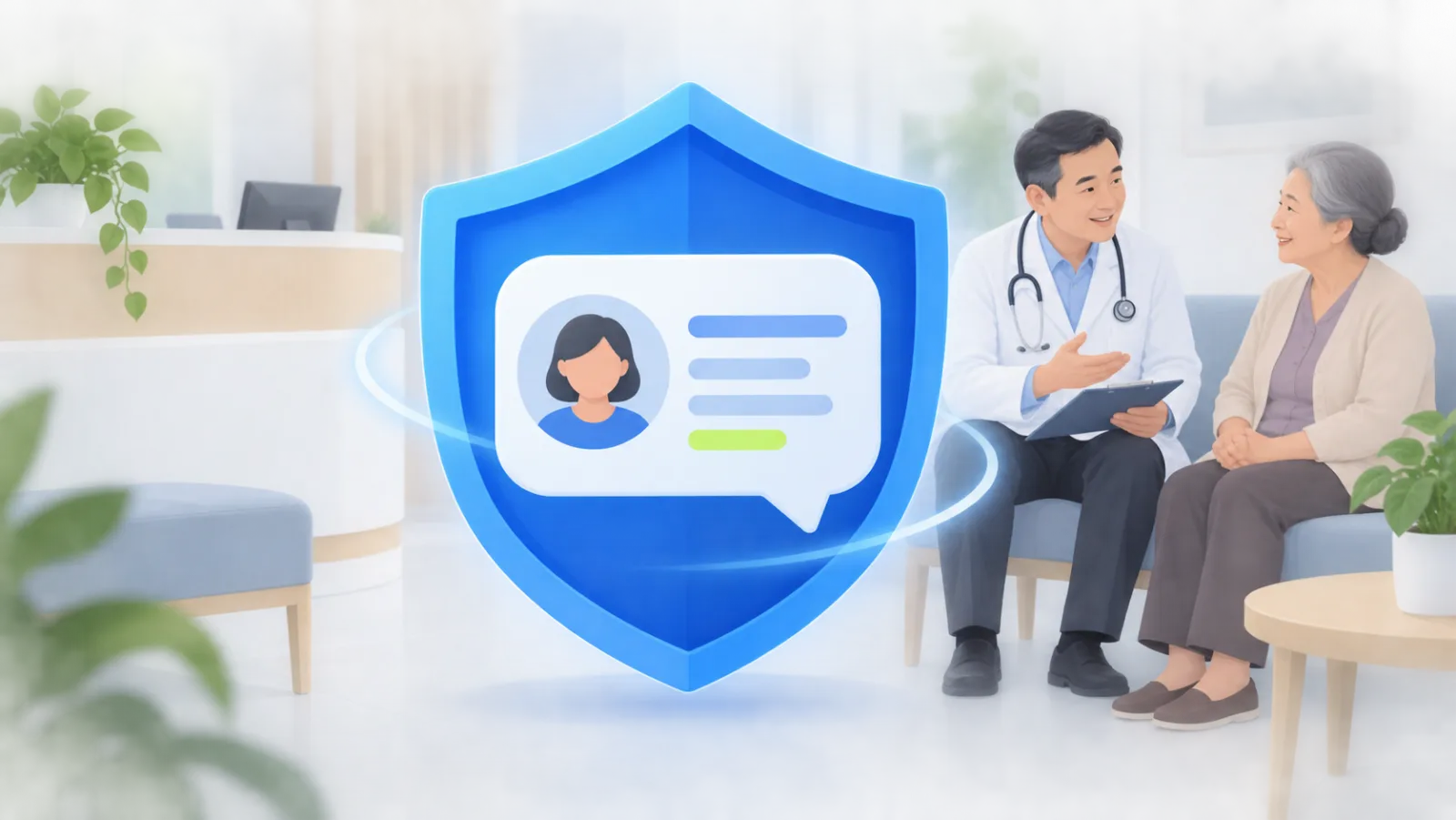 A shield protecting a patient chat bubble