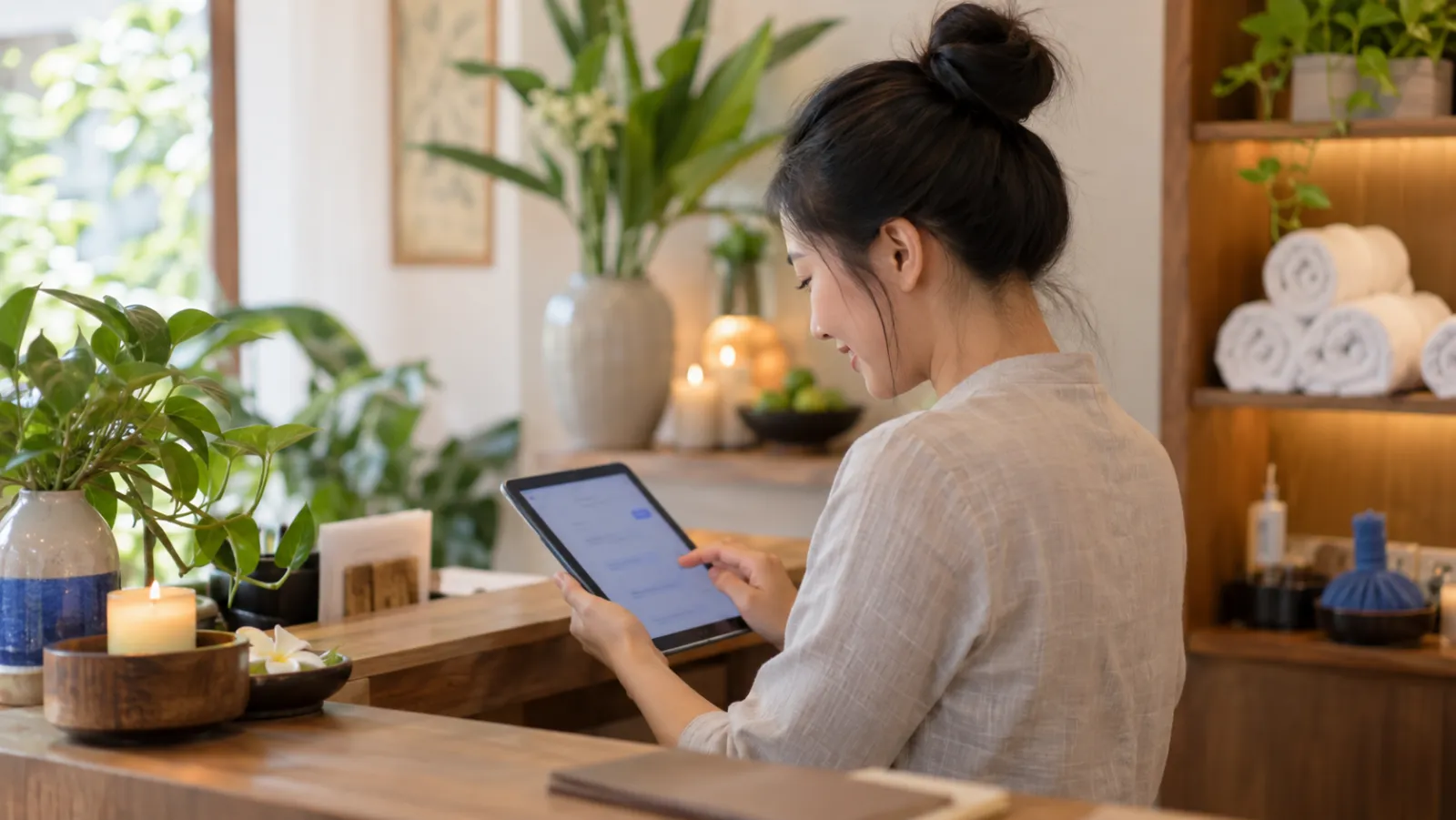A spa receptionist with a tablet showing a booking chat with a client