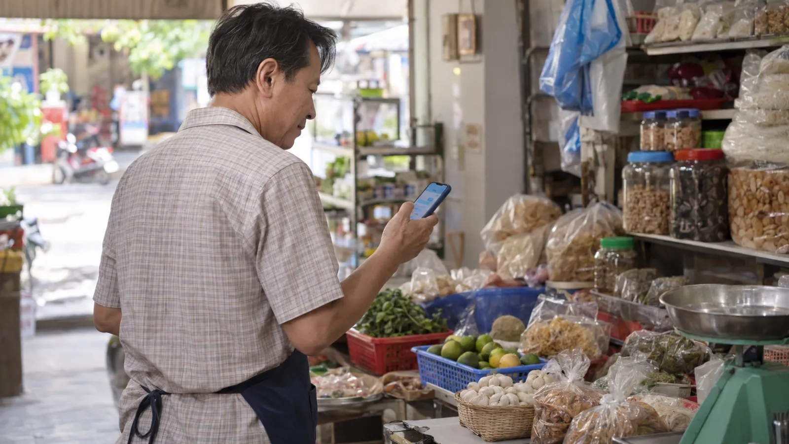 A shop owner at his counter holding a phone with a customer chat being answered