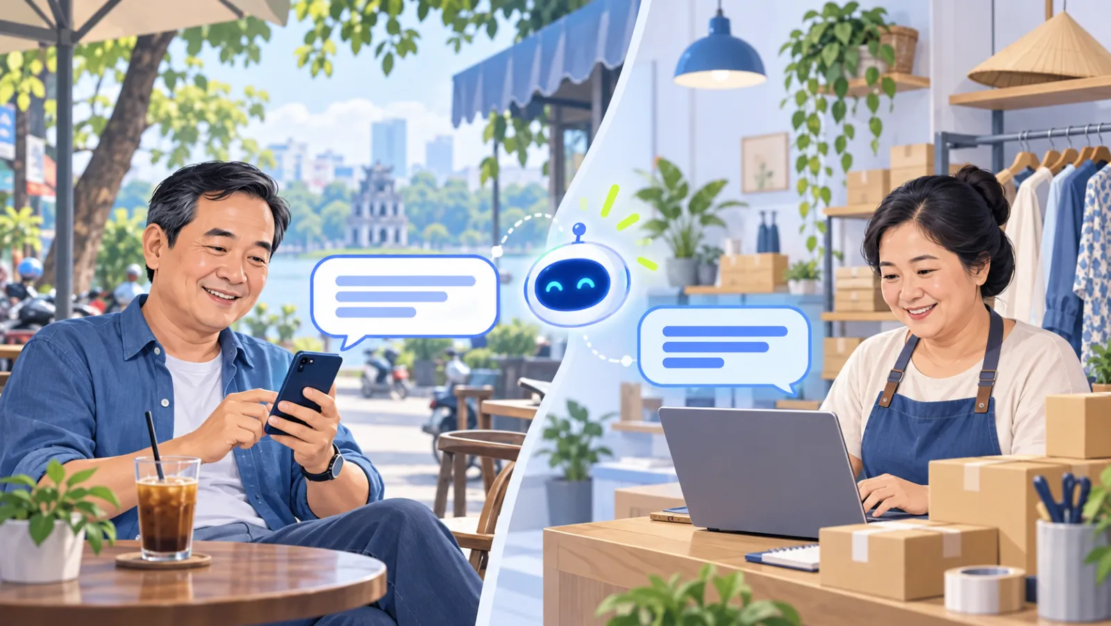A customer in a cafe messaging a shop while the shop's AI replies instantly