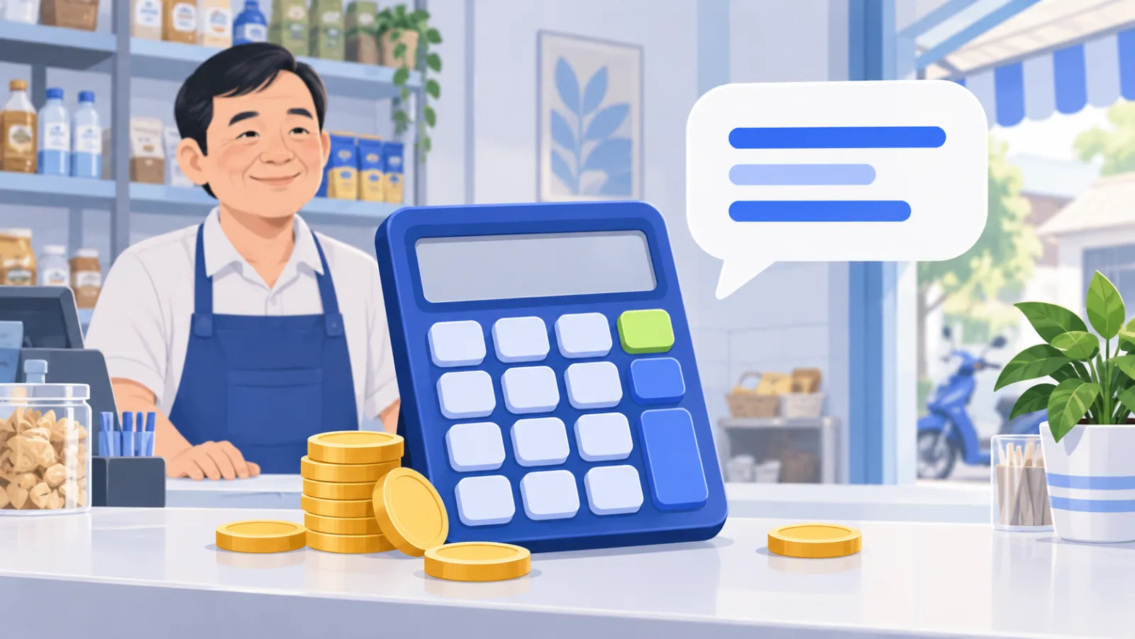 A calculator with coins and a chat bubble