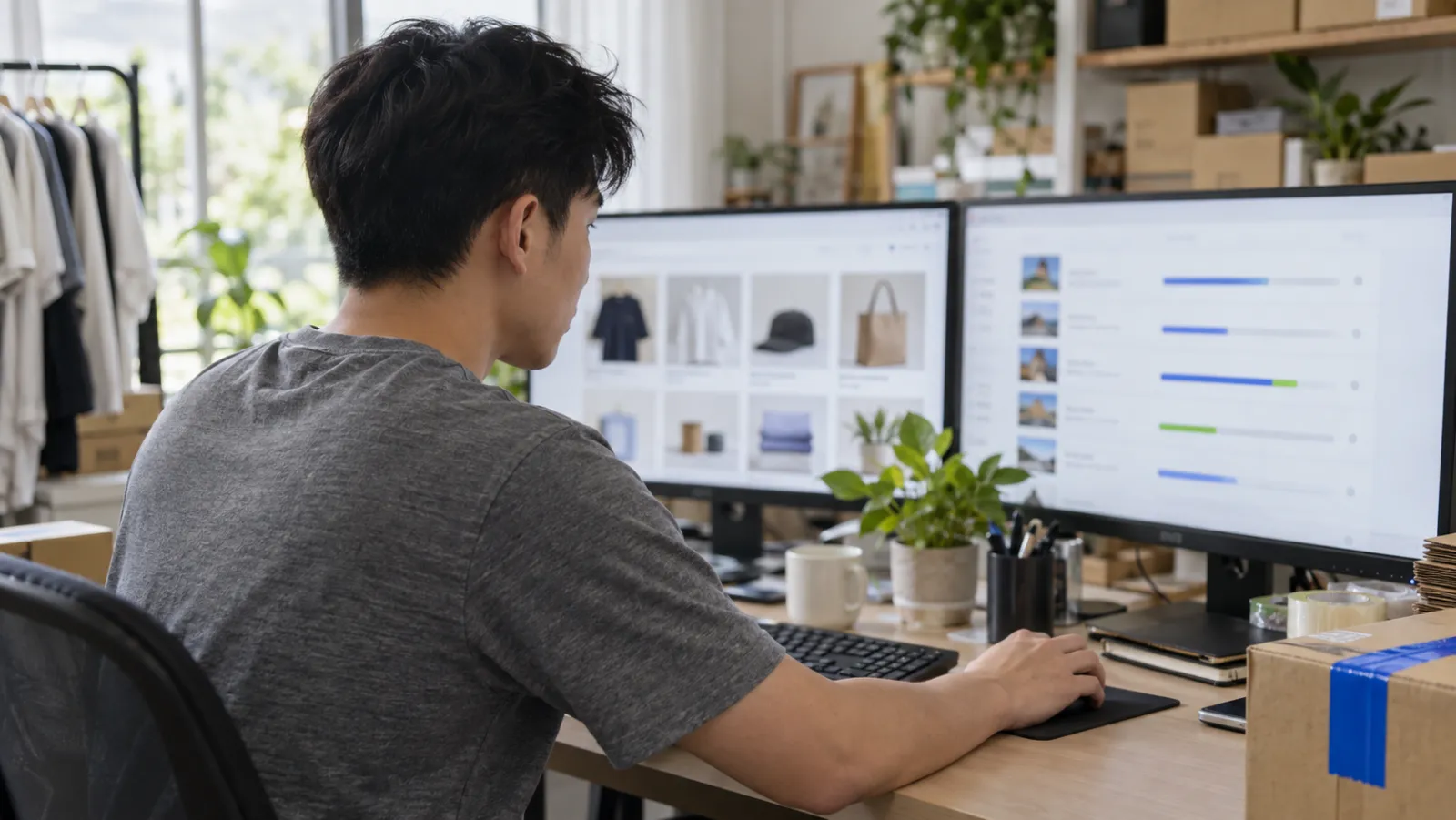 A shop owner importing his store website into a chatbot on two screens