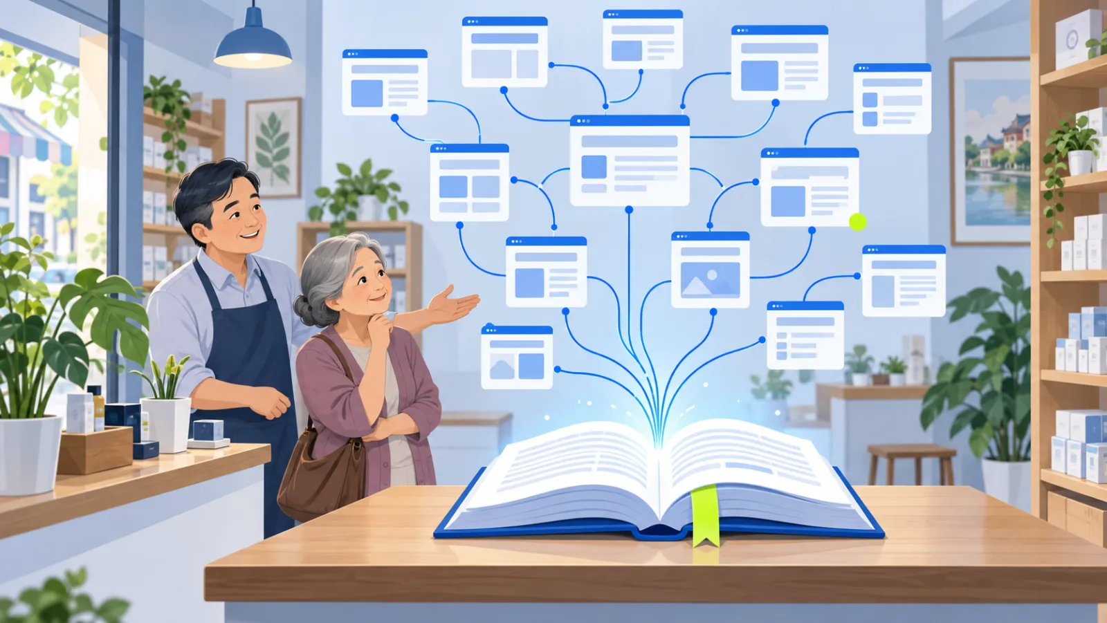 A sitemap with pages flowing into a book