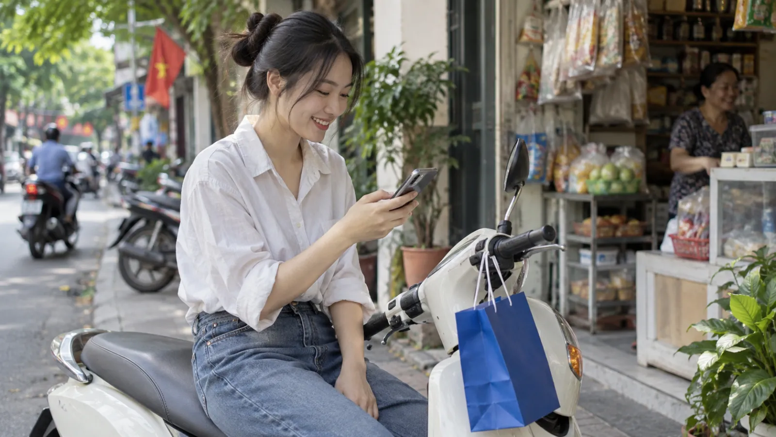 A customer smiling at a fast reply from a shop on her phone