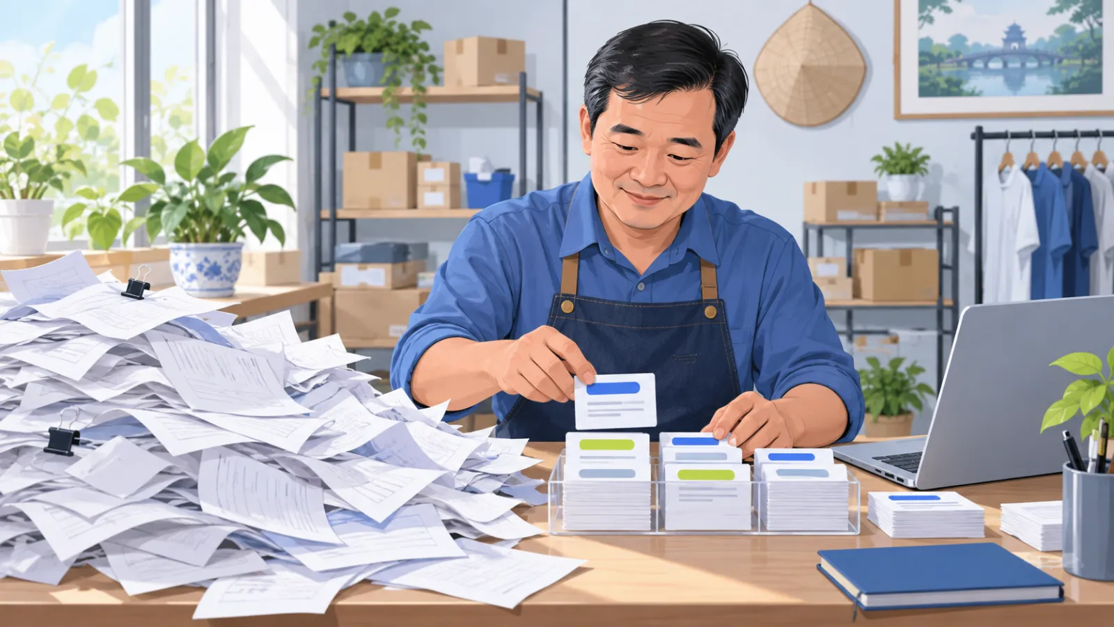 Chồng giấy lộn xộn bên cạnh bộ thẻ ngắn gọn có nhãn rõ ràng