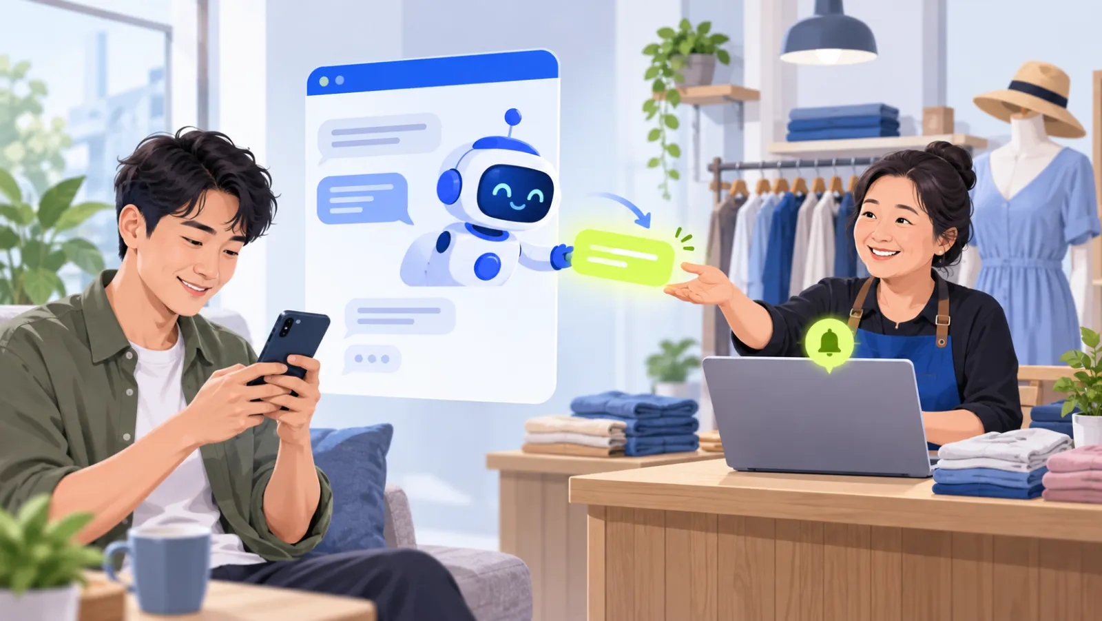 An AI assistant hands a customer's chat to a smiling shop staff member at a laptop