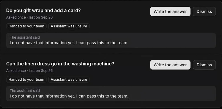Handed-off questions in the dashboard
