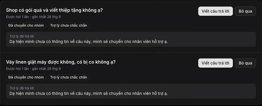 Các câu hỏi đã chuyển cho nhân viên trong trang quản trị