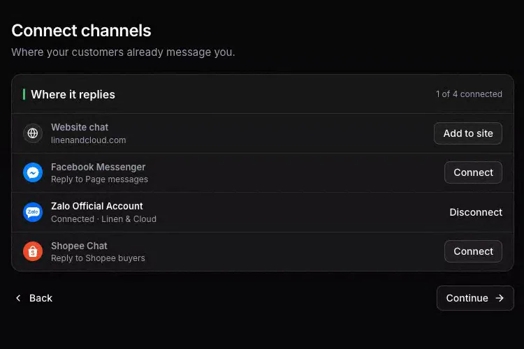 The Where it replies step with website chat, Messenger, Zalo Official Account and Shopee Chat