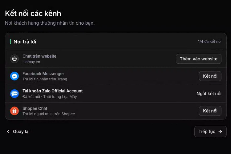 Bước Nơi trả lời với chat trên website, Messenger, Zalo Official Account và Shopee Chat