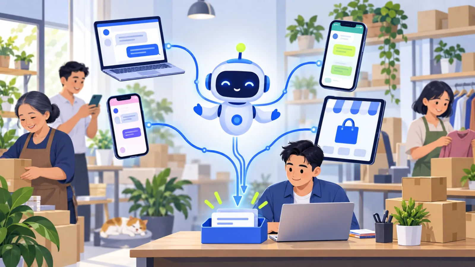 One AI assistant connected to a website, messaging apps and a marketplace, all flowing into one shared inbox