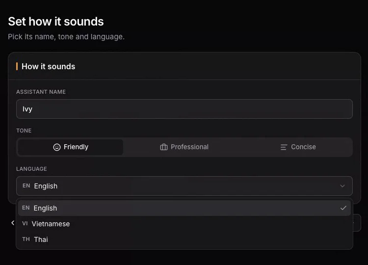 The How it sounds step with assistant name, tone and a language menu listing English, Vietnamese and Thai