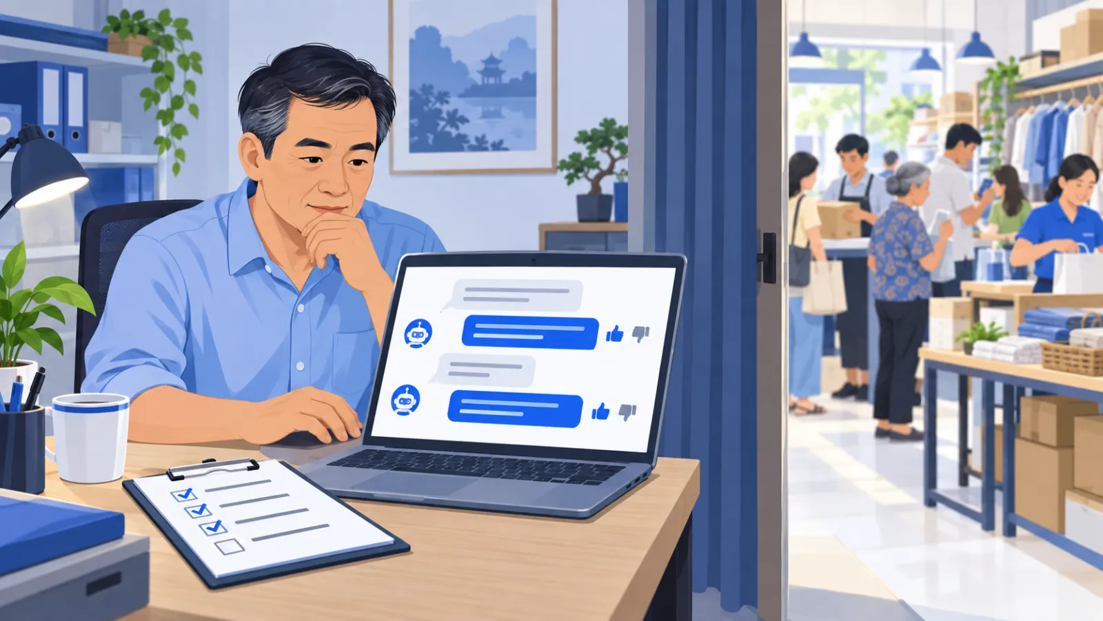 A shop owner privately tests chat answers on a laptop in a back office, with a checklist beside it
