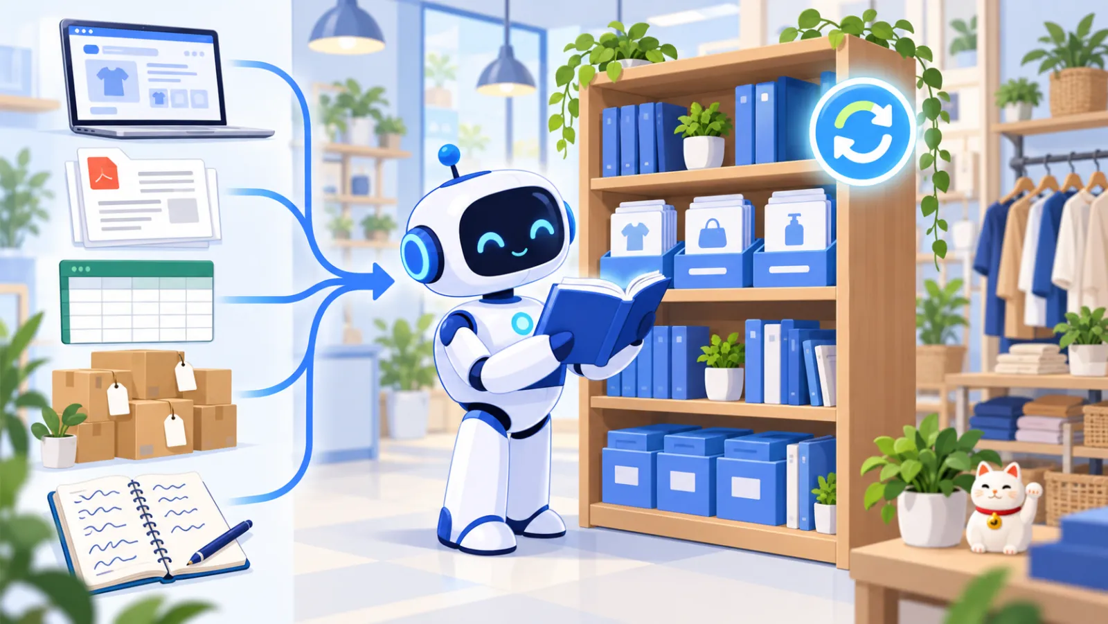 An AI assistant reads a shelf of store knowledge fed by a website, documents, a spreadsheet, products and notes