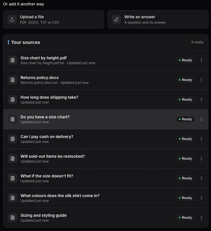 The Your sources list with a size chart PDF, a returns policy DOCX and written answers