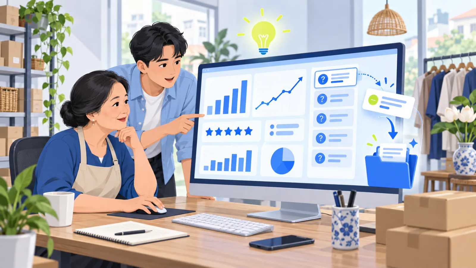 Chủ shop và nhân viên xem biểu đồ, đánh giá và các câu hỏi còn thiếu trên trang quản trị