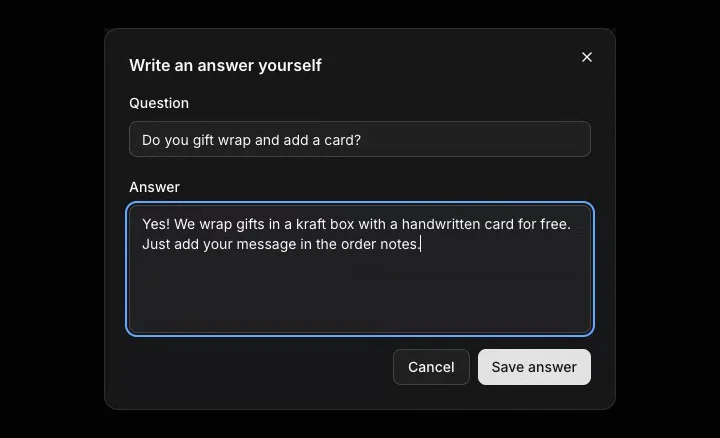 The Write an answer yourself dialog filled in for a gift wrap question