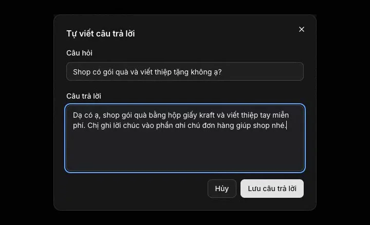 Hộp thoại Tự viết câu trả lời cho câu hỏi về gói quà